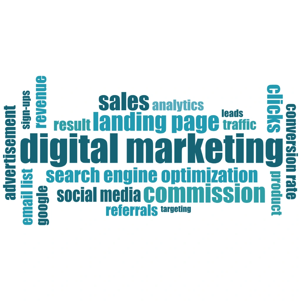 Word cloud graphic showcasing digital marketing terms created by NmarkStudio digital marketing agency