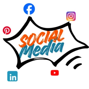 Social media marketing graphic with platform icons like Facebook, Instagram, LinkedIn, Pinterest, YouTube- Nmark Studio
