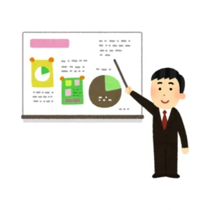 Illustration of a presenter pointing at charts and graphs representing business description and local keyword optimization