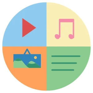 Image and media optimization icon with video, music, photo, and text symbols