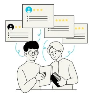 Two people discussing customer reviews with five-star rating cards representing review management strategy