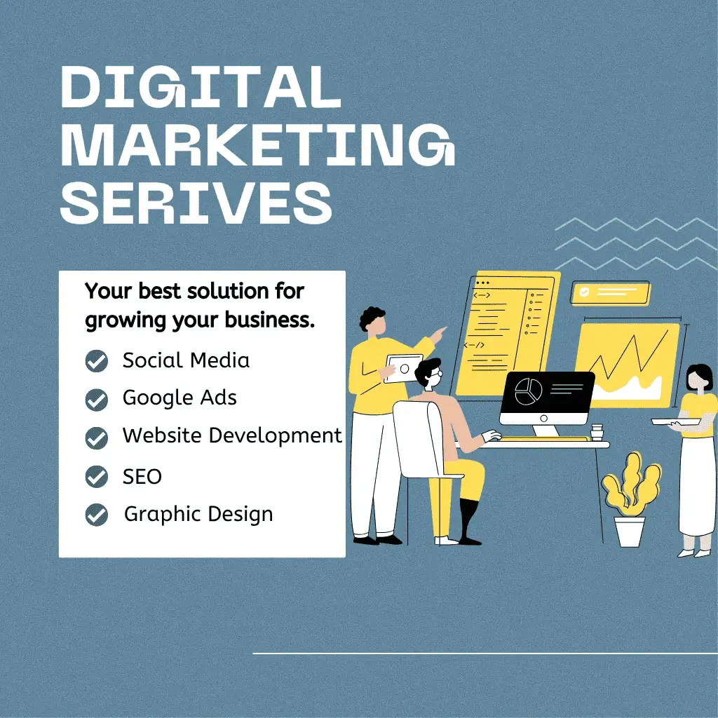 Digital marketing services overview with social media, Google ads, SEO, website development and graphic design-Nmarkstudio